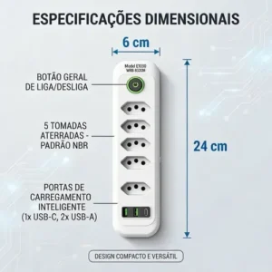 Extensão Elétrica 5 Tomadas Usb Type-c Bivolt 2m Branca - Imagem 4