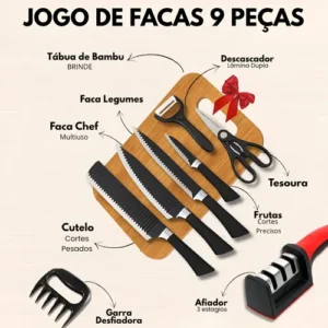 Jogo De Facas Inóx Conjunto 8 Peças Kit Cozinha Churrasco Premium + tábua AQUATTRO - Imagem 3