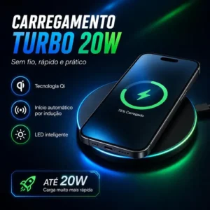 Carregador Turbo Rápida 20w Com LED Preto Base Wireless Universal Para Celular iPhone Samsung Xiaomi Android Turbo Compacto Mesa Pitia - Imagem 3
