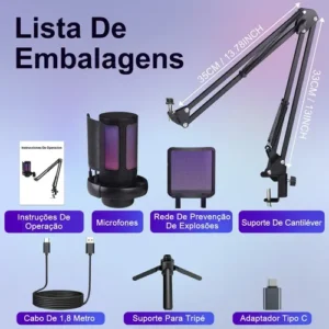 Microfone Condensador USB Cardioide RGB para Gravação e Jogos Preto - Imagem 4