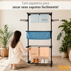Varal Dobrável De Chão 3 Andares De Roupas Grande Com Rodinha Aba Lateral Retrátil Para Cabide Irsina - Imagem 9