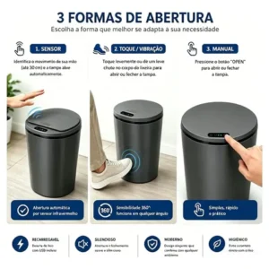 Lixeira Inteligente 16 Litros Com Sensor Automático Para Banheiro e Cozinha Cinza - Imagem 6