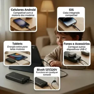 Power Bank 20000mah 22,5w Turbo Carregador Portátil Com Display Digital Bateria Externa Usb-c Para Celular Tablet Android Ios Carregamento Rápido Alta Capacidade Proteções Elétricas Brasiliana Tech - Imagem 5