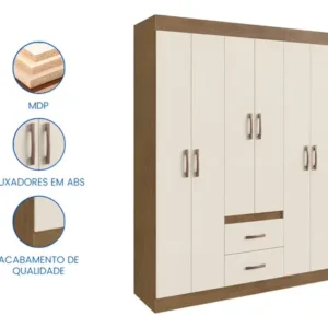 Guarda Roupa Solteiro 6 Portas 2 Gavetas Montevideu Doripel Cor Off White/Nogueira - Imagem 4