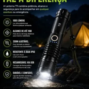 Kit 2 Unidades - Lanterna Tática Militar T9 Mais Forte Do Mundo Profissional Lanterna Potente Led Mais Forte Do Mundo Acampamento Viajens Caça Camping - Commlite Branco Preto - Imagem 11