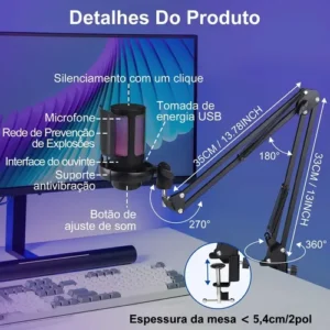 Microfone Condensador USB Cardioide RGB para Gravação e Jogos Preto - Imagem 3