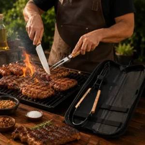 Kit Churrasco 3 Peças Inox Com Estojo Faca Garfo Pegador - Imagem 3