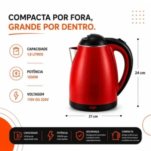 Chaleira Jarra Elétrica 1,8l Litros Em Inox Vermelha Desligamento Automático Aquecimento Rápido Segura Café Chá Fácil Abertura Tampa Alça - Imagem 9