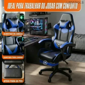 Cadeira Escritório Gamer Ergonômica Reclinável Com Apoio dos Pés Em Couro Azul - Imagem 3
