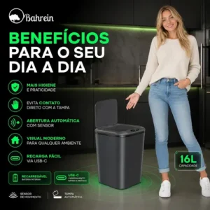 Lixeira Inteligente Automática 16l Com Sensor Infravermelho Recarregável Usb Sistema Anti Odor Tampa Touchless Para Banheiro Cozinha Cor Cinza Escuro - Imagem 3