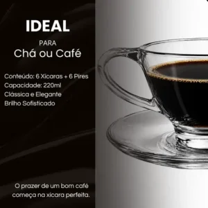 Jogo 6 Xícaras Chá Café Com Pires De Vidro Transparente - Imagem 8