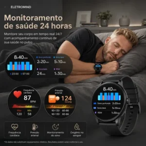 Smartwatch Inteligente Relógio Eletromind Bluetooth Chamadas Ip68 À Prova D'água Redondo Monitoramento Sono Saúde Esporte Preto - Imagem 5