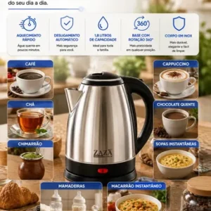 Chaleira Jarra Elétrica 1,8L Litros Em Inox Desligamento Automático Aquecimento Rápido Segura Café Chá Fácil Abertura Tampa Alça Ergométrica - Imagem 10