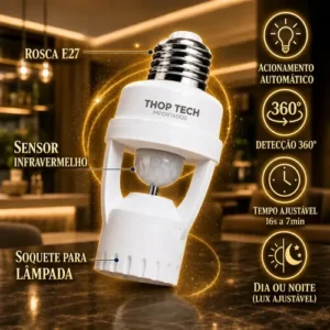 Sensor De Presença E Movimento Iluminação Lâmpada Soquete E27 Fotocélula Infravermelho Bivolt Acende E Desliga Automático Thop Tech Importados - Imagem 3