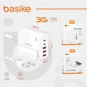 Carregue todos com um só: Basike GaN 30W Turbo Vórtice, 5 portas USB A+C, cabo Type-C 1,5m incluso, bivolt, carregamento rápido para iPhones e Androids. - Imagem 3