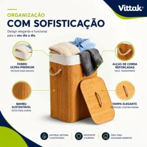 Vittak Cesto De Roupa Bambu 72 Litros Dobrável Retangular Com Tampa E Forro - Imagem 3