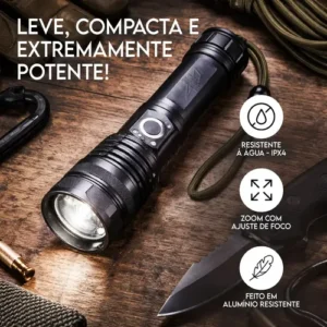 Lanterna Tática T9 Mais Forte Do Mundo LED CREE Recarregável USB Zoom Ajustável 5 Modos IPX4 Alumínio Luz Branca Camping Pesca Emergência Alcance Longo Foco Regulável Pro Power - Imagem 2