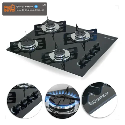 Fogão Cooktop Gás 4 Bocas Vidro Ultra Chama 127v/220v Preto