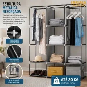 Guarda Roupa Dobrável Organizador Colmeia Preto 8 Prateleiras IRSINA - Imagem 7