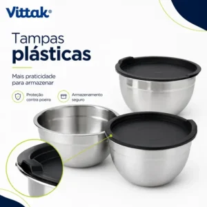 Vittak Conjunto 3 Bowls de Inox com Tampas Plásticas Utensílios de Cozinha Tamanhos Variados - Imagem 3