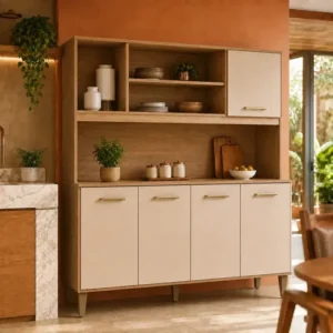 Kit Armário de Cozinha Nicioli Magazin 120 5 Portas Freijó/Off White Cristal Moderno Compacto Organizador Resistente - Imagem 2