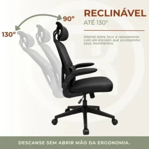 Cadeira Escritório Ergonômica Giratoria Reclinavel Olinda RSH500 Rishon Cor Preto Com Suporte Lombar Estofado Mesh - Imagem 5