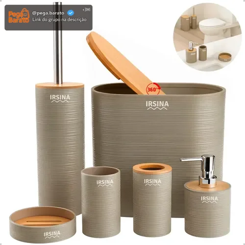 Kit Banheiro Completo Acessórios De Bambu Moderno Lixeira Com Tampa Escova Saboneteira Cor Bege Irsina