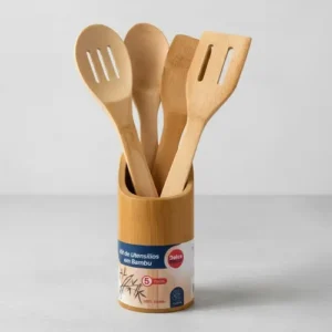 Kit De Utensílios Bambu 5 Peças Pau Colher Garfo Espátulas - Imagem 3
