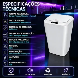 Lixeira Inteligente Automática 16l Branca Sensor Infravermelho Recarregável Usb Alcance Até 30cm Para Escritório Branco - Imagem 8