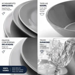 Aparelho De Jantar 16 Peças De Vidro Cinza Com Taça Diamond Conjunto Mesa Posta Completo Jogo De Pratos E Taças Sayonara - Imagem 5
