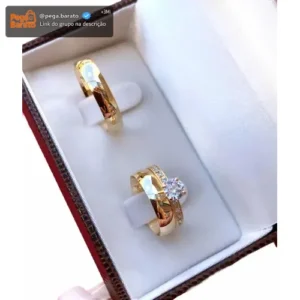 Par Alianças Tungstênio 4mm Banhada Ouro 18k Com Solitario - Imagem 1