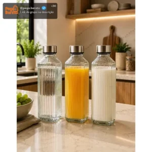 Kit 3 Garrafas Vidro Canelado Tampa Inox Geladeira Água - Imagem 1
