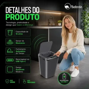 Lixeira Inteligente Automática 16l Com Sensor Infravermelho Recarregável Usb Sistema Anti Odor Tampa Touchless Para Banheiro Cozinha Cor Cinza Escuro - Imagem 5