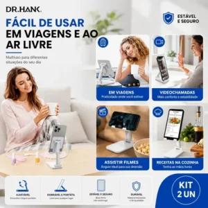 Kit 2 Suportes Celular Tablet De Mesa Ajustável Dobrável Universal Dr Hank Branco E Preto Base Antiderrapante Suporte Ergonômico Altura Regulável - Imagem 4