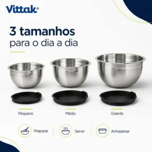 Vittak Conjunto 3 Bowls de Inox com Tampas Plásticas Utensílios de Cozinha Tamanhos Variados - Imagem 5