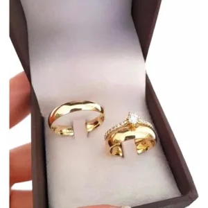 Par Alianças Tungstênio 4mm Banhada Ouro 18k Com Solitario - Imagem 6