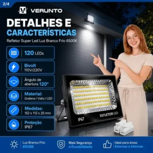 Kit 2 Refletor Super Led 400w Ip67 Holofote Bivolt Prova D'água Branco Frio 6500k Preto - Imagem 5