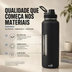 1000ml Garrafa Térmica Isolada A Vácuo Squeeze Aço Inox 304 para Água Gelada Esporte Academia com Alça e Bico Preto Sólar - Imagem 7
