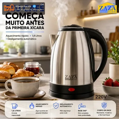Chaleira Jarra Elétrica 1,8L Litros Em Inox Desligamento Automático Aquecimento Rápido Segura Café Chá Fácil Abertura Tampa Alça Ergométrica