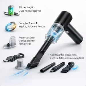 Aspirador Portátil 3 Em 1 Com Soprador e Filtro HEPA Para Carro e Teclado USB - Imagem 5