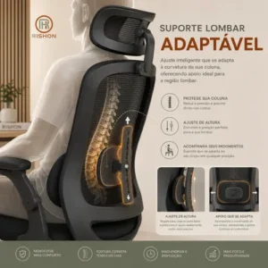 Cadeira Escritório Ergonômica Giratoria Reclinavel Olinda RSH500 Rishon Cor Preto Com Suporte Lombar Estofado Mesh - Imagem 4