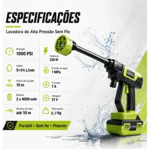 Lavadora de Alta Pressão Portátil Adeske 6 em 1 Com 2 Baterias e Bico Multiuso - Imagem 3