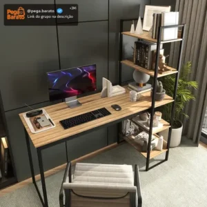 Mesa Escrivaninha Industrial Laminado Com Preto 5 Prateleiras Design Moderno Modelo Para Home Office Mod: Athenas Shoop - Imagem 1