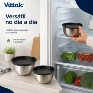 Vittak Conjunto 3 Bowls de Inox com Tampas Plásticas Utensílios de Cozinha Tamanhos Variados - Imagem 8