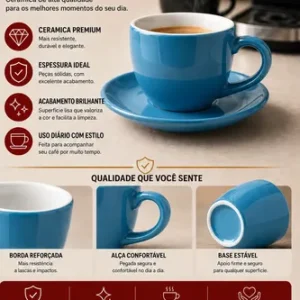 Jogo 6 Xicaras C/ Pires Café Ceramica 90ml 12 Peças Cores - Imagem 6