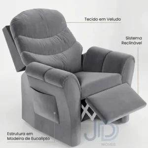 Poltrona Cadeira Reclinare Papai E Mamãe Com Encosto Confortável Retrátil E Reclinável Para Sala De Descanso E Amamentação Bonan Cor Cinza - Imagem 3