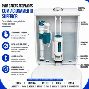 Kit Descarga Caixa Acoplada Reparo Completo Duplo Botão Mecanismo Universal Tipo Para Bacia Vaso Sanitário Louça Privada 3/6 Litros Superior Banheiro Casa Residencial Comercial Vmd Homecenter - Imagem 9
