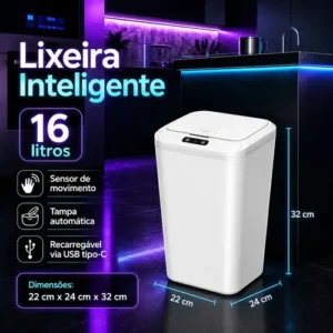 Lixeira Inteligente Automática 16l Branca Sensor Infravermelho Recarregável Usb Alcance Até 30cm Para Escritório Branco - Imagem 2