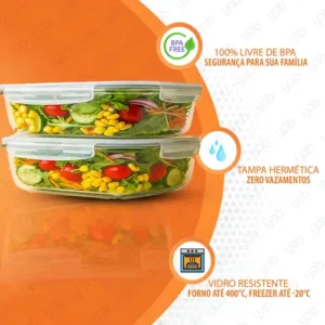 Yab - Kit 5 Potes De Vidro Marmita C/ Tampa Hermético 640ml Retangular 4 Travas Borossilicato Alimentos Micro-ondas Freezer Geladeira - Imagem 3