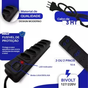 Régua Extensão Elétrica 6 Tomadas Filtro Linha 10a Cabo 3 Metros - Imagem 3